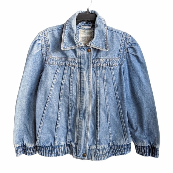 Vintage 80's Rare Gitano Medium Wash Zip Up Collared Pleated Denim Jacket Large - Picture 1 of 9